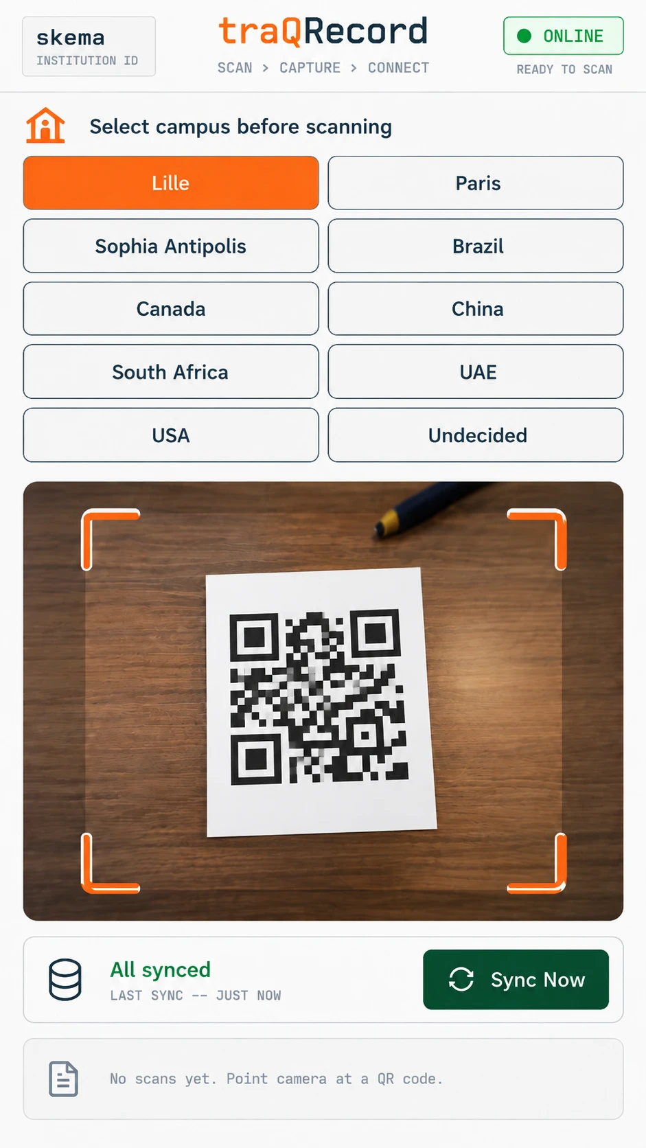 traQRecord mobile QR scanner interface with campus selection and offline synchronization